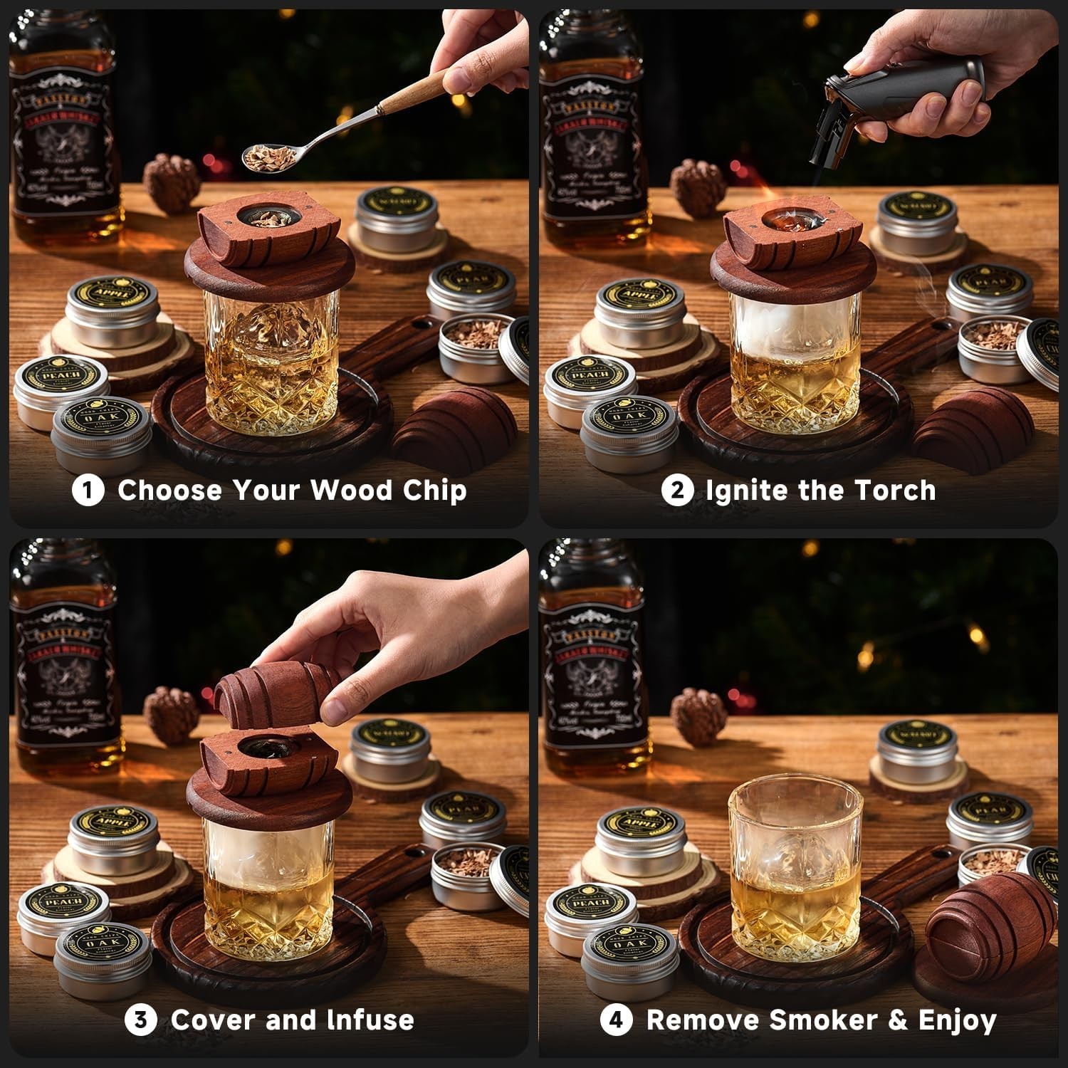 Whiskey Smoker Kit with Torch - 6 Flavors Wood Chips, 2 Glasses, 2 Ice Ball Mold