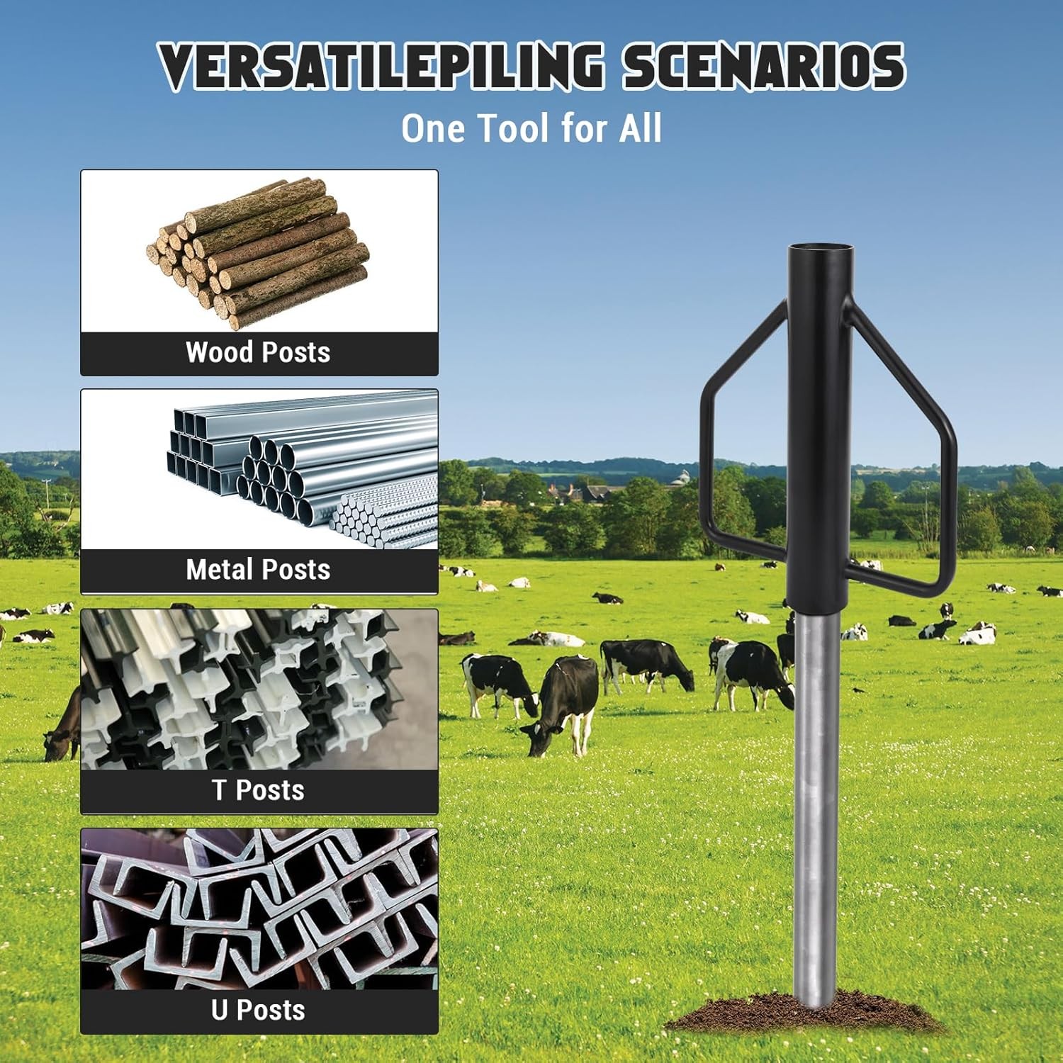 Heavy Duty Fence Post Driver w Handles Fits 2–6" Posts Steel T-Post Pounder