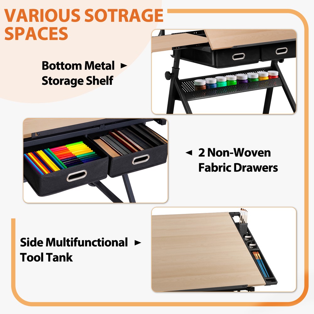 Adjustable Drafting Drawing Tiltable Table & Stool w/ 2 Drawers & Outlet Natural