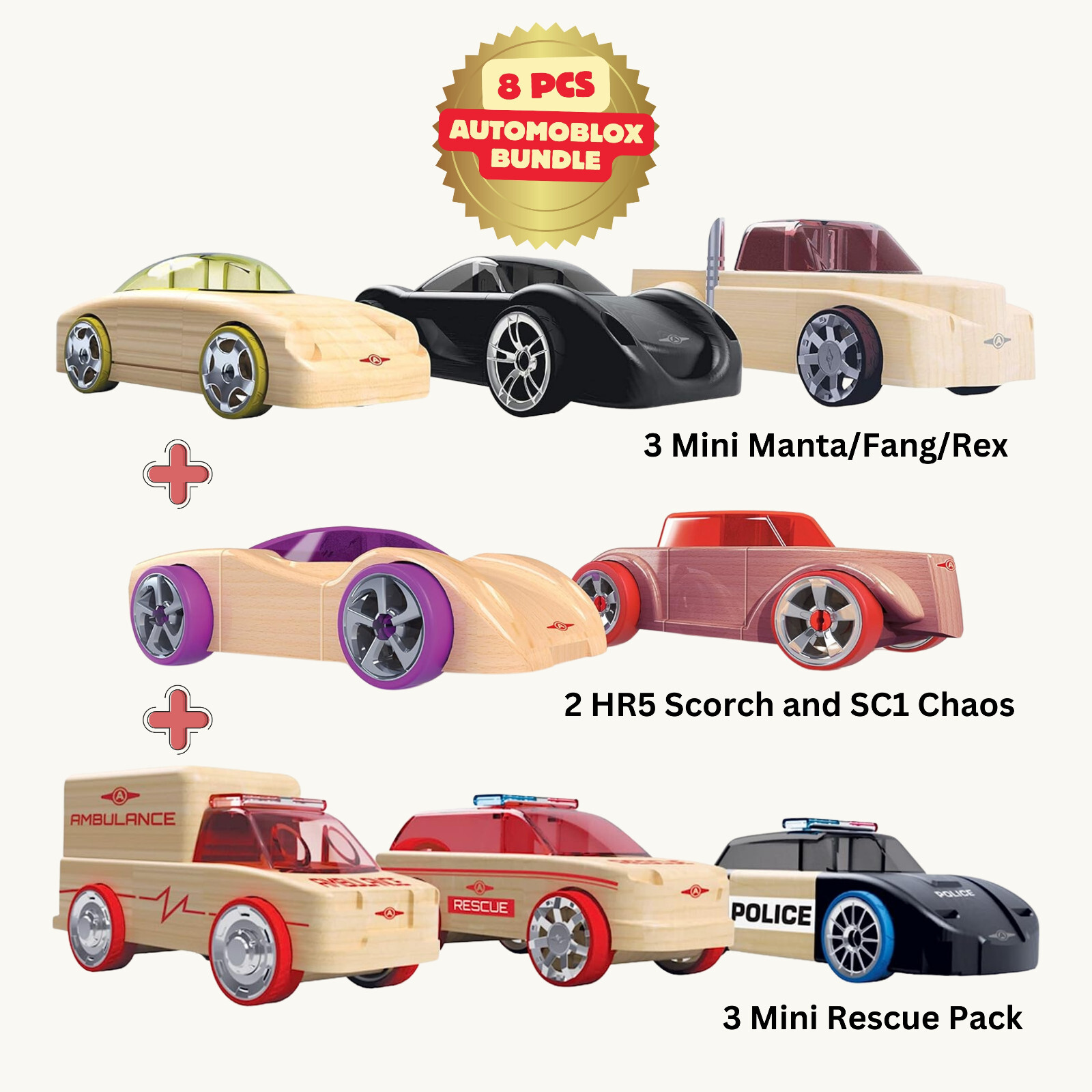 Automoblox - 3 Mini Rescue Pack — Wooden Mix-and-Match Vehicles