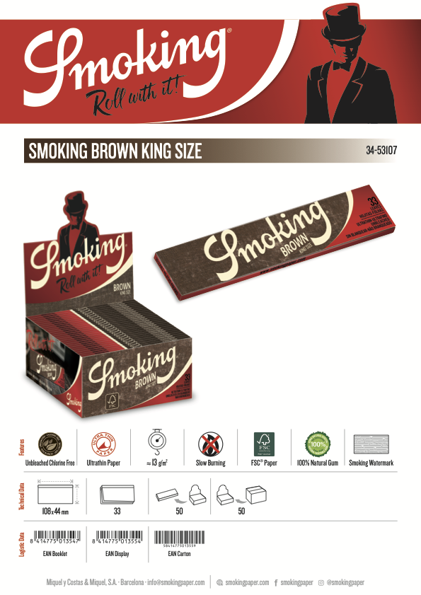 Smoking Brown Unbleached Rolling Papers King Size (110mm) - (5 Booklets)
