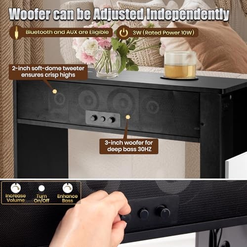 Bluetooth Speaker End Table, Smart End Table with 2 Subwoofer for Deep Bass,