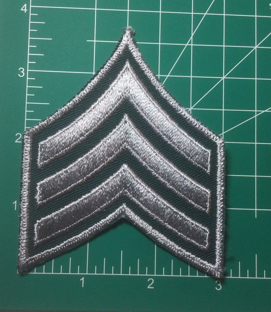 (2) Sergeant Chevron - 3 Silver Stripes on Dark Forest Green Patch - Schiffli
