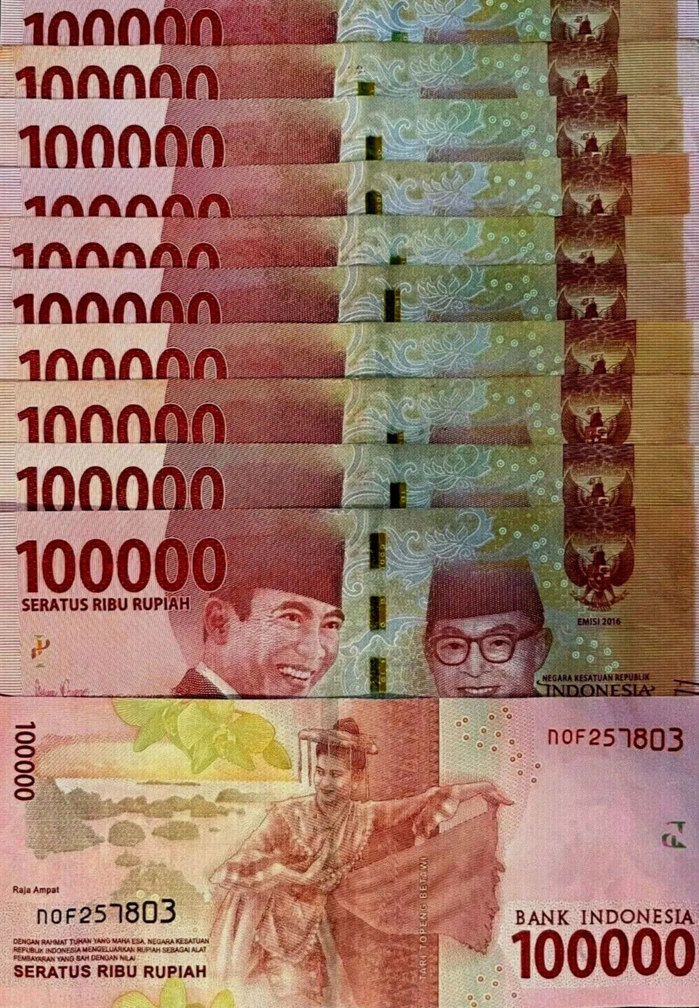 INDONESIAN RUPIAH 100,000 X 10 = 1 Million (1,000,000) IDR CIRCULATED INDONESIA