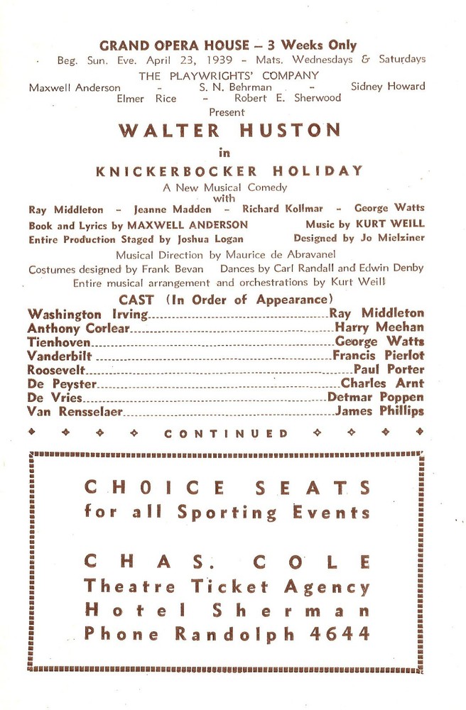 Walter Huston "KNICKERBOCKER HOLIDAY" Kurt Weill / Maxwell Anderson 1939 Program