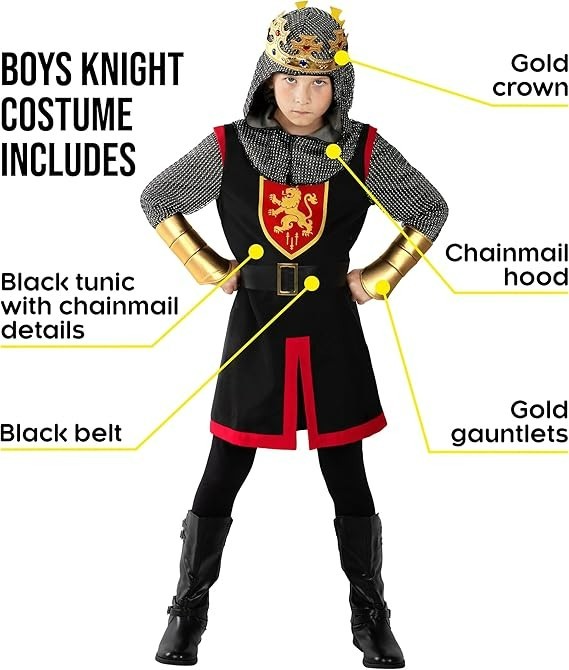 Kids Medieval Knight Costume + Crown Boys Warrior Lord Chainmail King 4-14 yrs