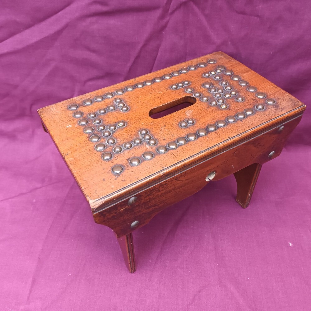 Small Antique Treen Studded Cracket style Stool marked 'E W'