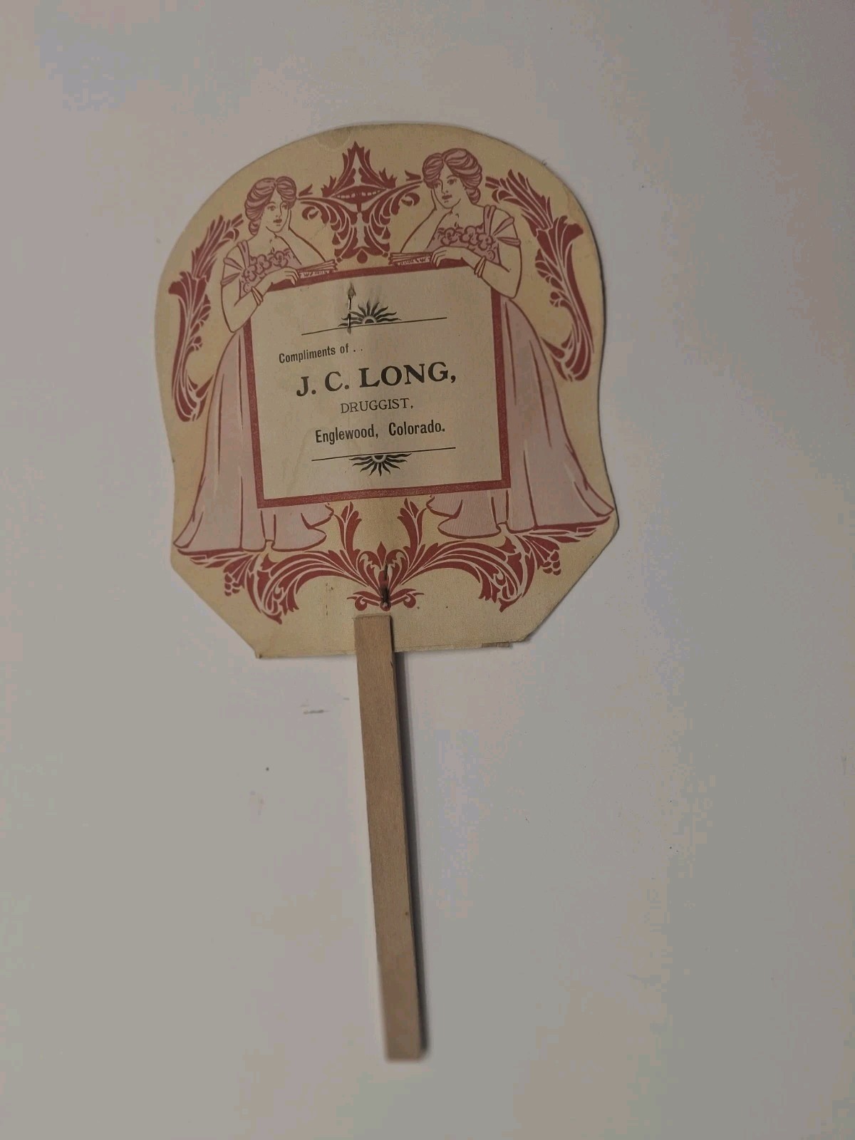 J. C. Long Druggist Englewood Colo 12-Inch Advertising Fan