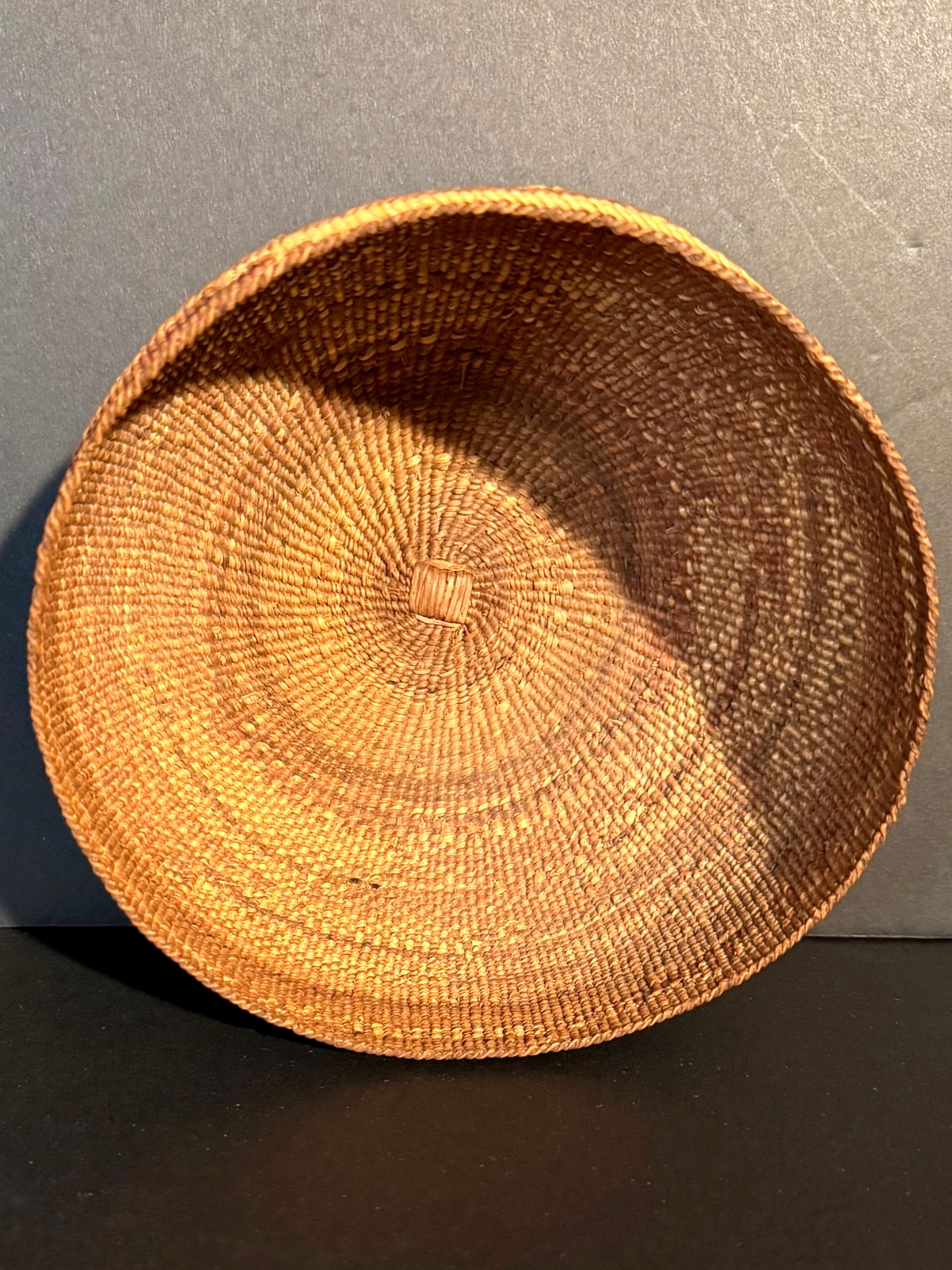 EXTRAORDINARY HUPA FANCY CAP BASKET, BEAR GRASS & FERN OVERLAY, C1890, EXCELLENT