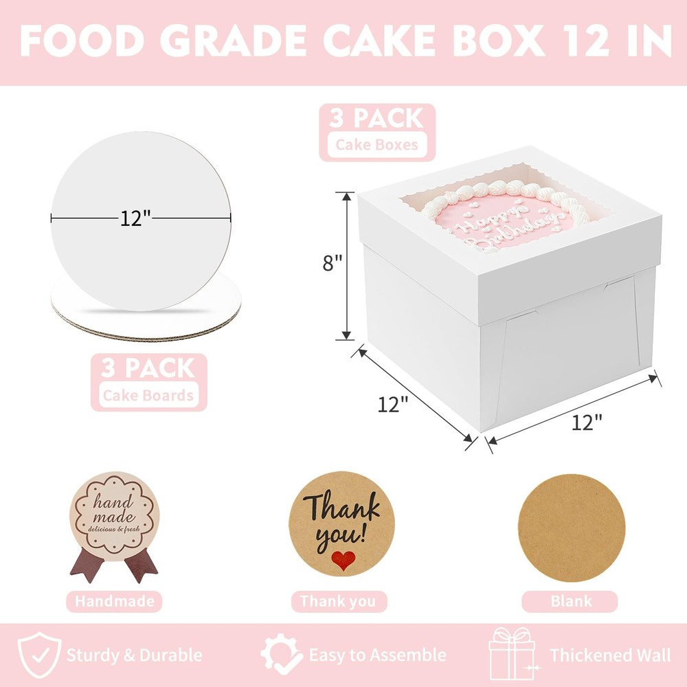 5 Pack Cake Boxes 12 Inch White Square with Boards Disposable Cardboard