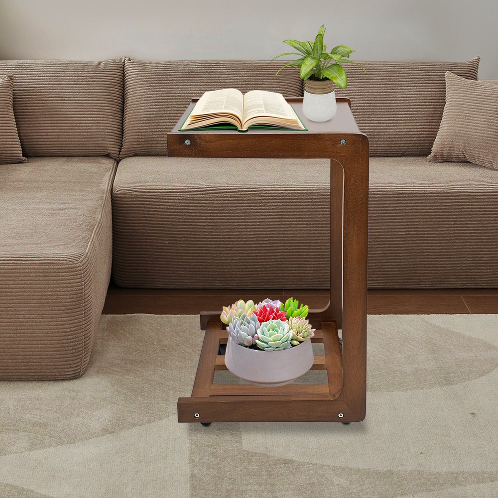 C-shaped End Table W/ Universal Wheels Walnut-colored Freestand Small Side Table