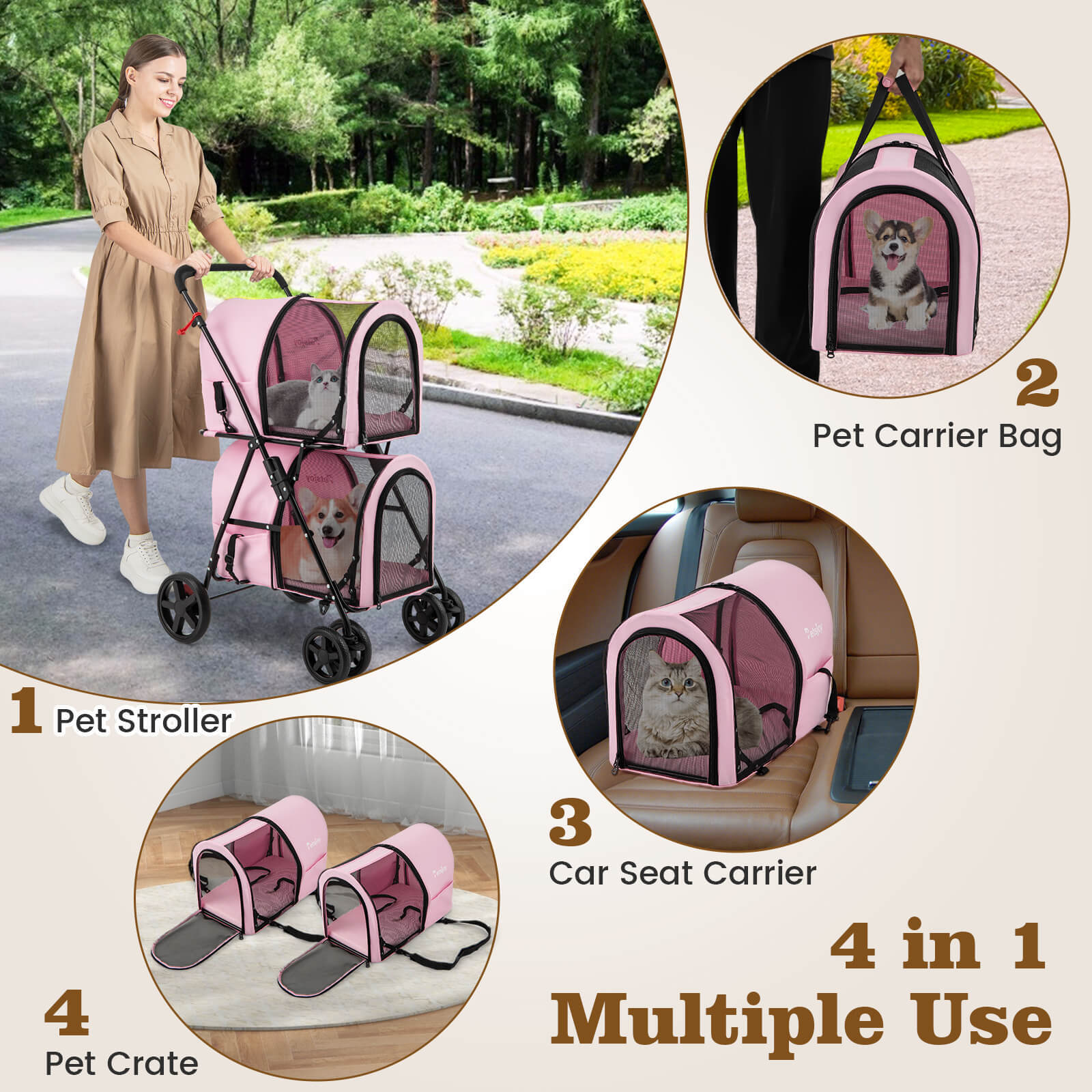 4-in-1 Double Pet Stroller w/ Detachable Carrier Travel Carriage for Cats