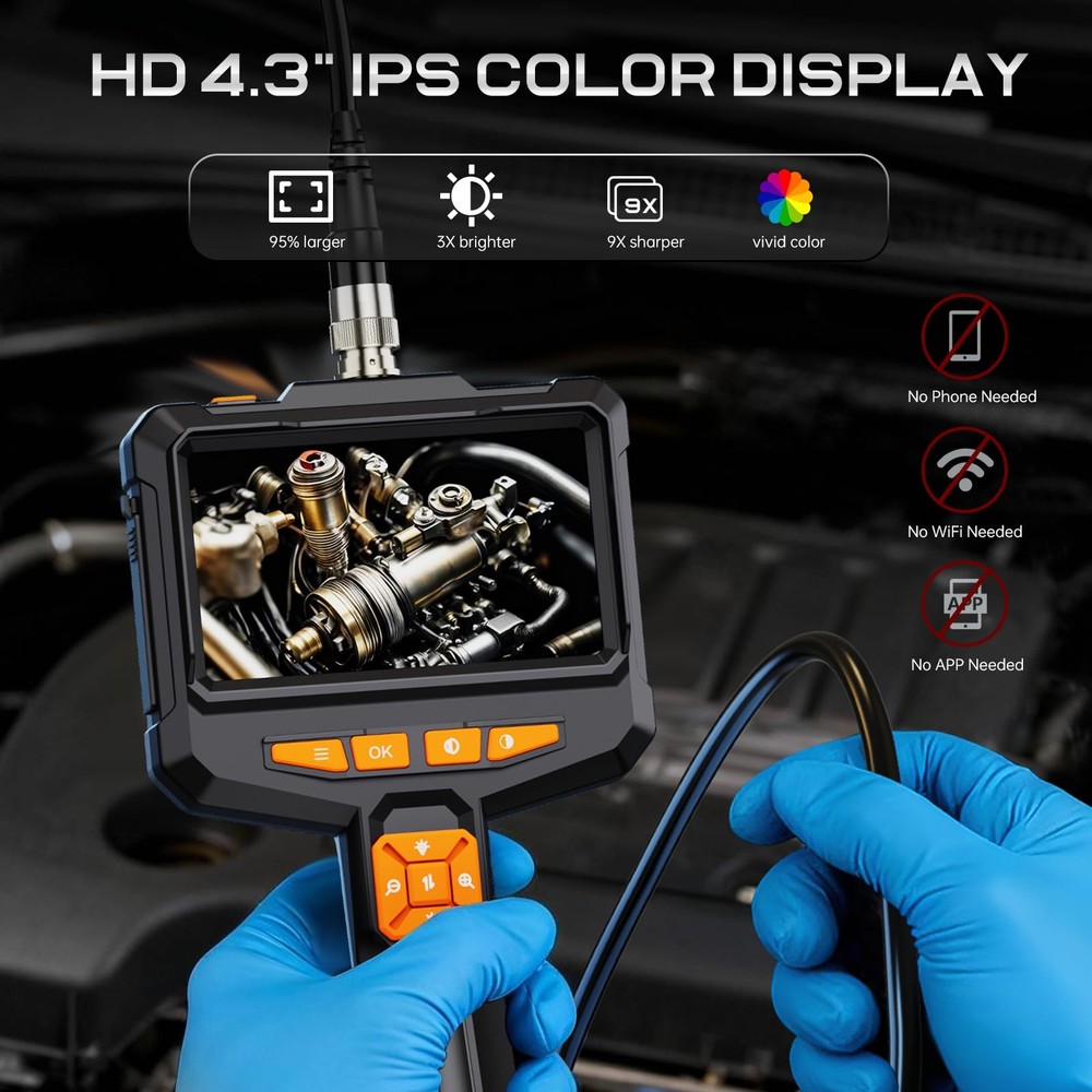 Borescope Camera with Light, 4.3" IPS 1080P HD Handheld Endoscope, 8 Adjustab...