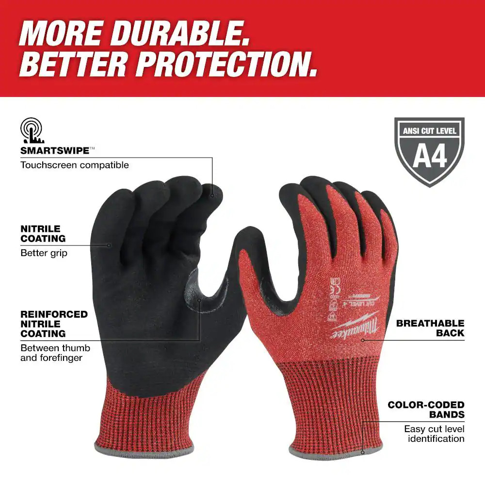 Medium Red Nitrile Level 4 Cut Resistant Dipped Work Gloves