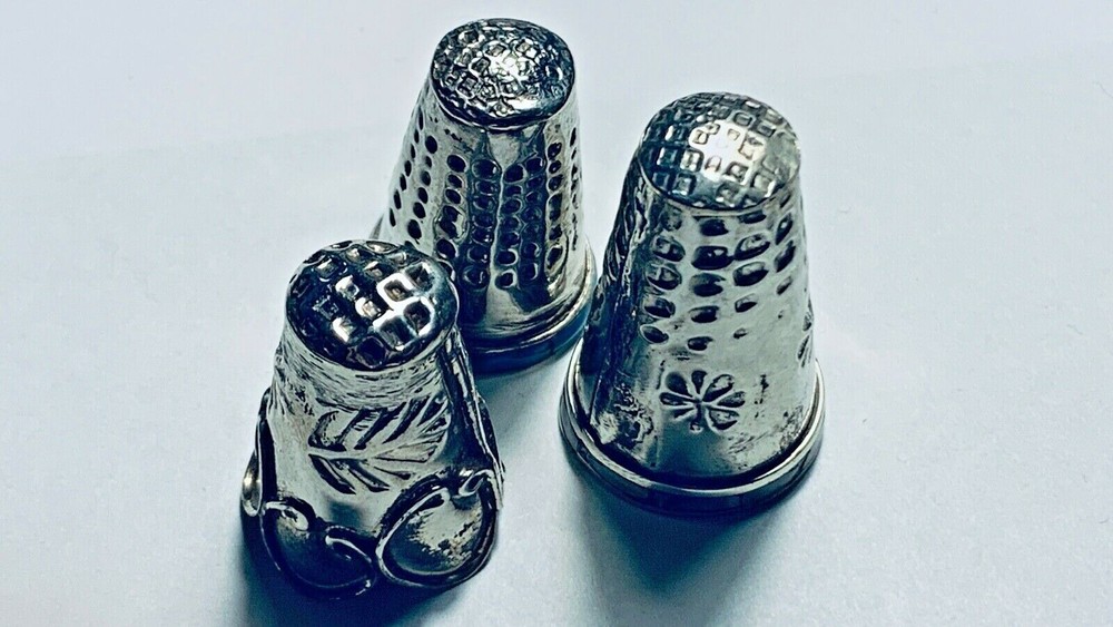 3 Vintage Silver Handmade Thimbles With some Stone work on bottom