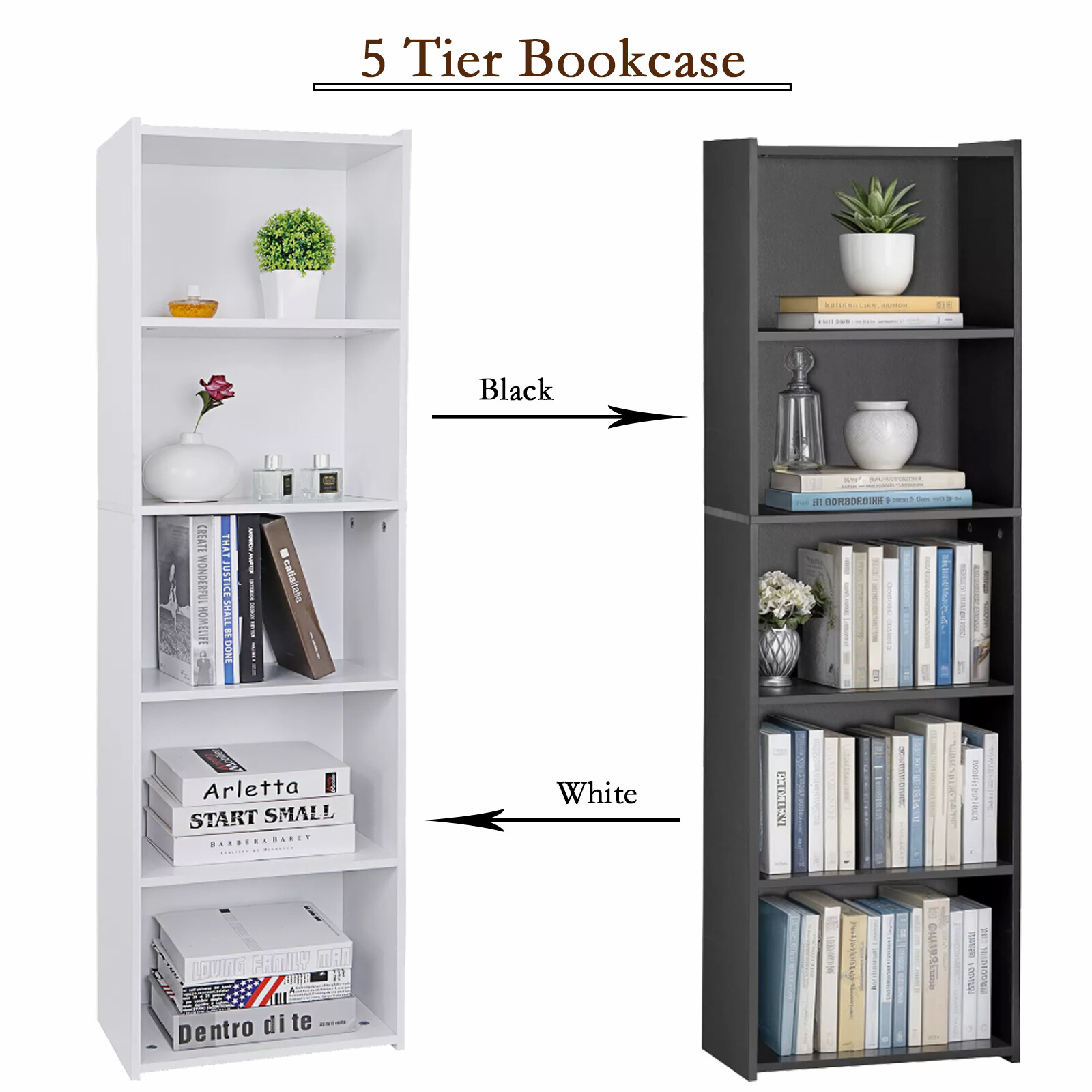 5-Tier Bookcase Bookshelf Open Shelf Storage Rack for Display Black/White