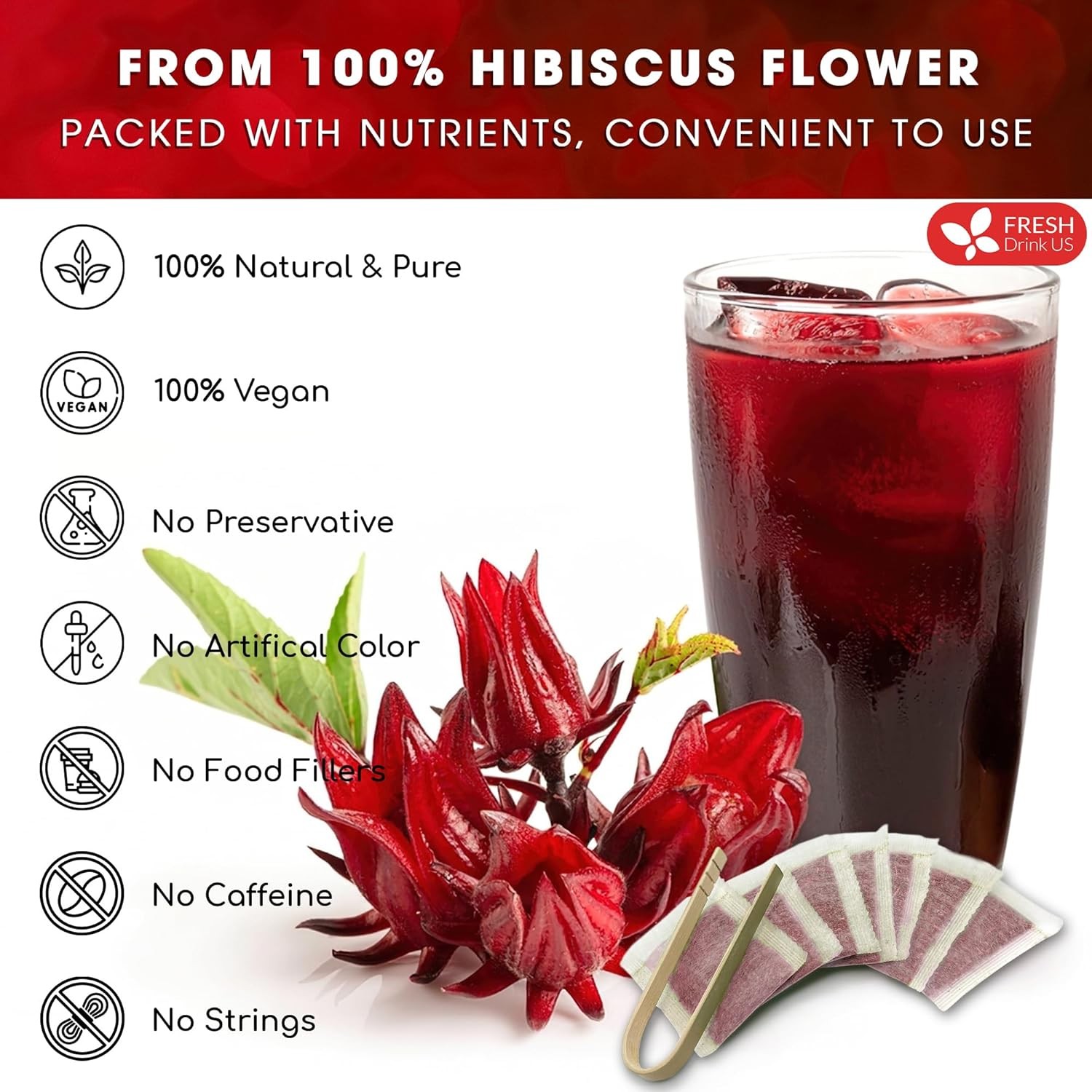 , Premium 140 Hibiscus Flowers Tea Bags, 100% Natural, Handmade & Pure from Hibi