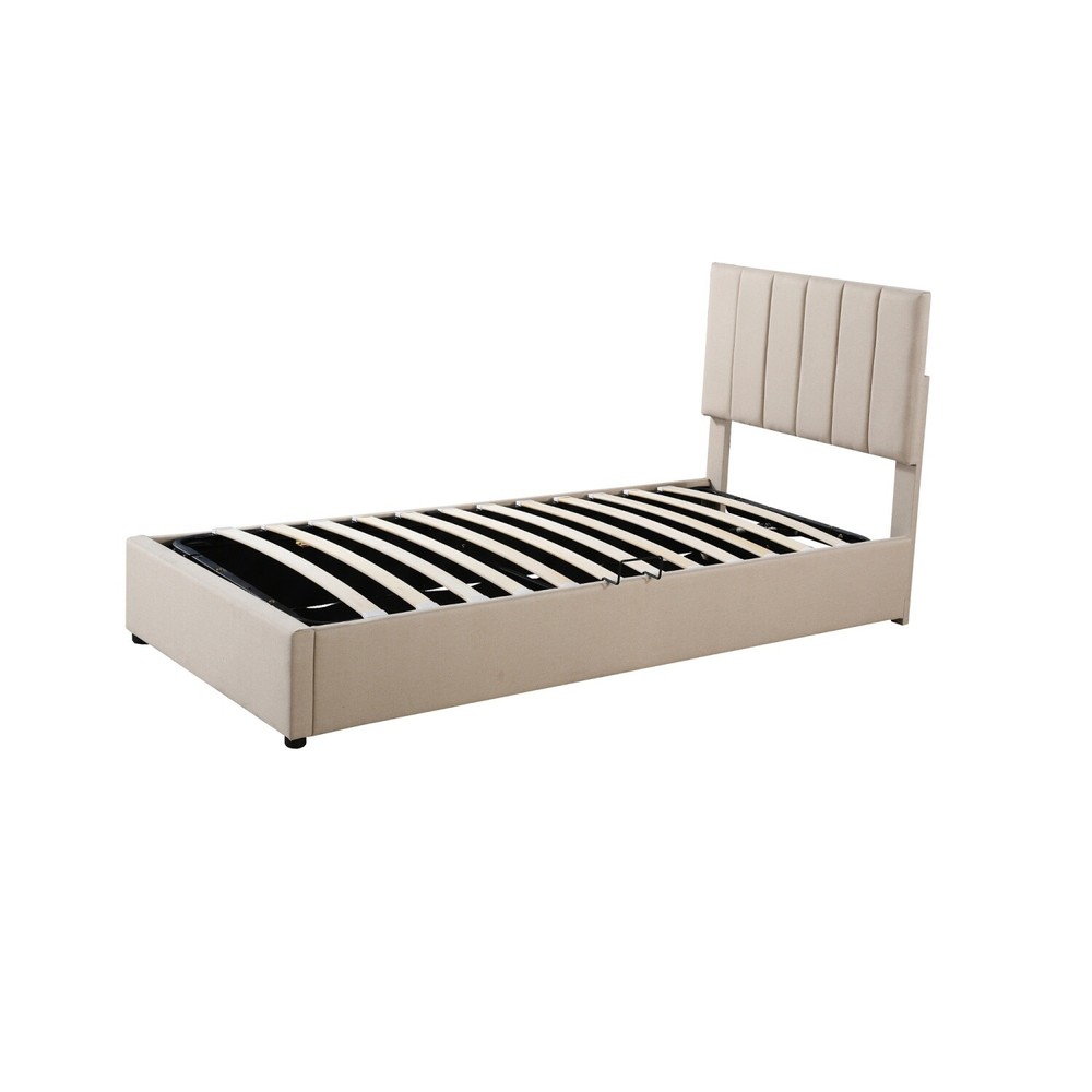 Twin Size Linen Upholstered Platform Bed with Hydraulic Storage System Beige