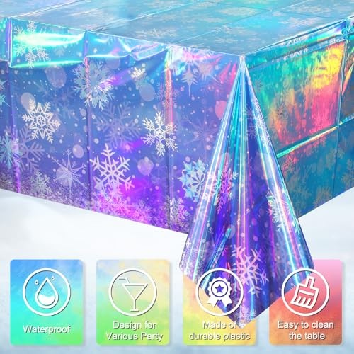 Pack Iridescent Winter Snowflake Plastic Tablecloth Decorations, Holographic 3