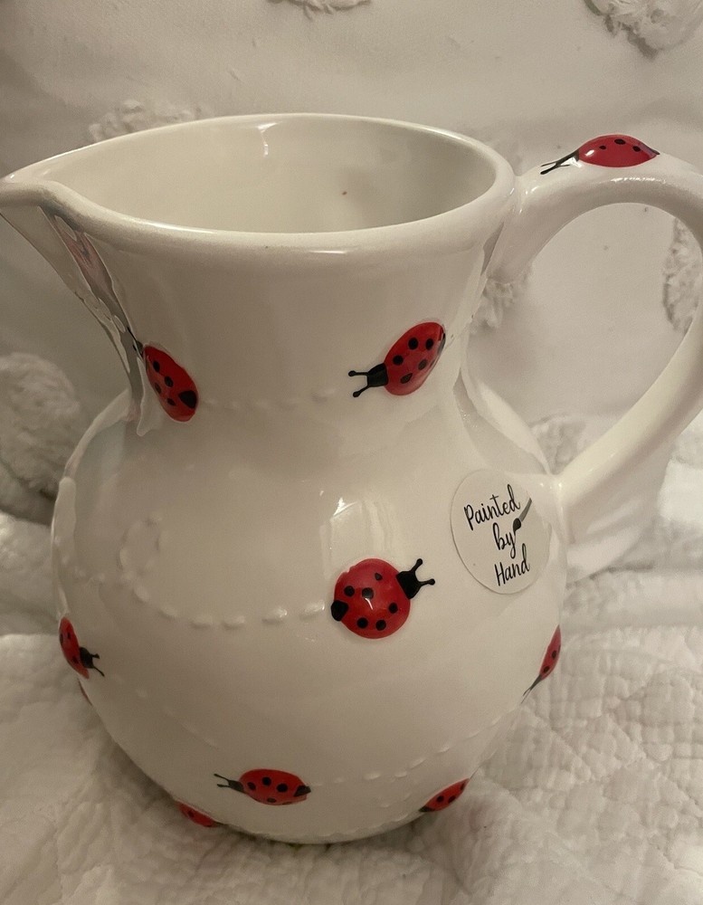 LANG By Design Hand Painted Ceramic Red Ladybugs On White Medium Size Pitcher