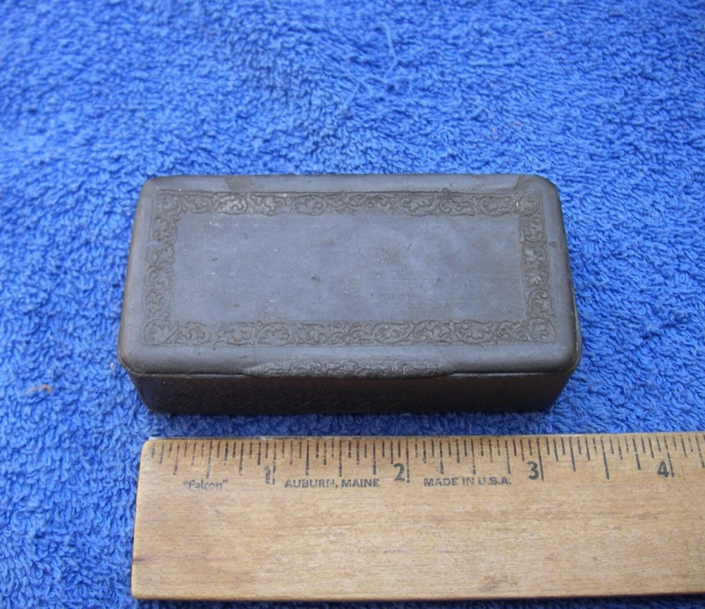 Early 19th C RECTANGULAR PEWTER SNUFF BOX-Embossed Decoration-Tinned Interior