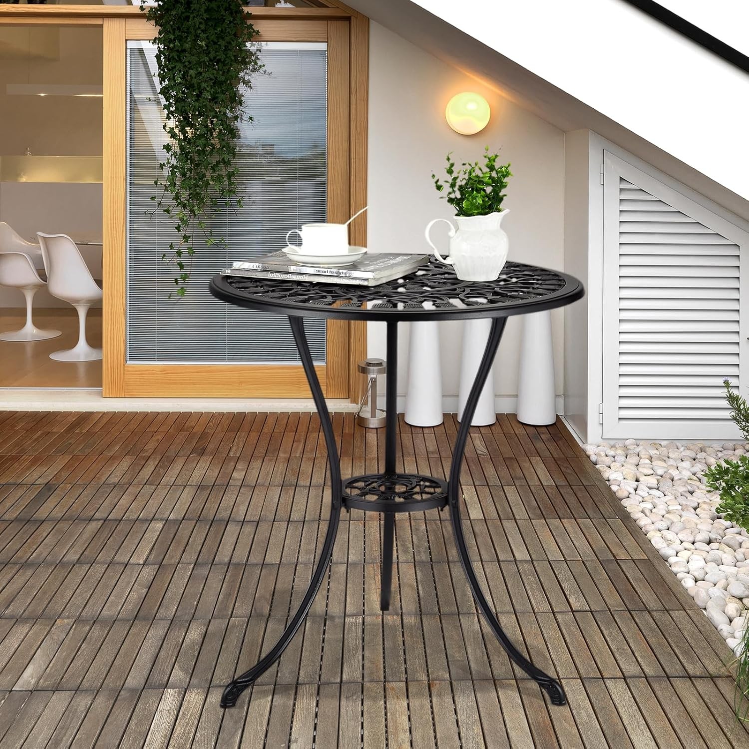 Round Patio Dining Table Cast Aluminum Outdoor Bistro Table With Umbrella Hole