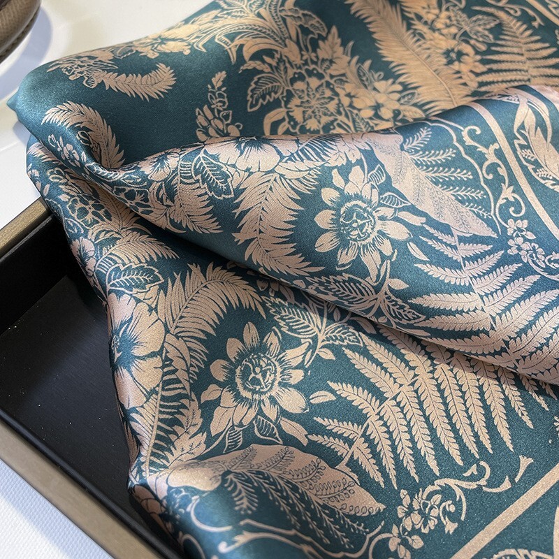 100% Silk Scarf Women Vintage Blue Flower Kerchief Square Bandana Wrap 53*53cm