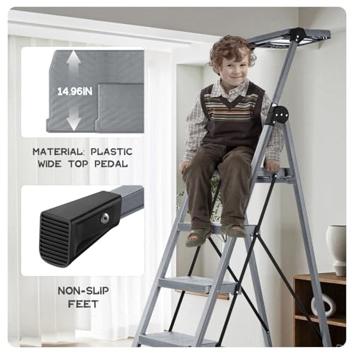 4 Step Ladder, Foldable Step Stool Ladder with Handrails & Tray, 4 step Silver