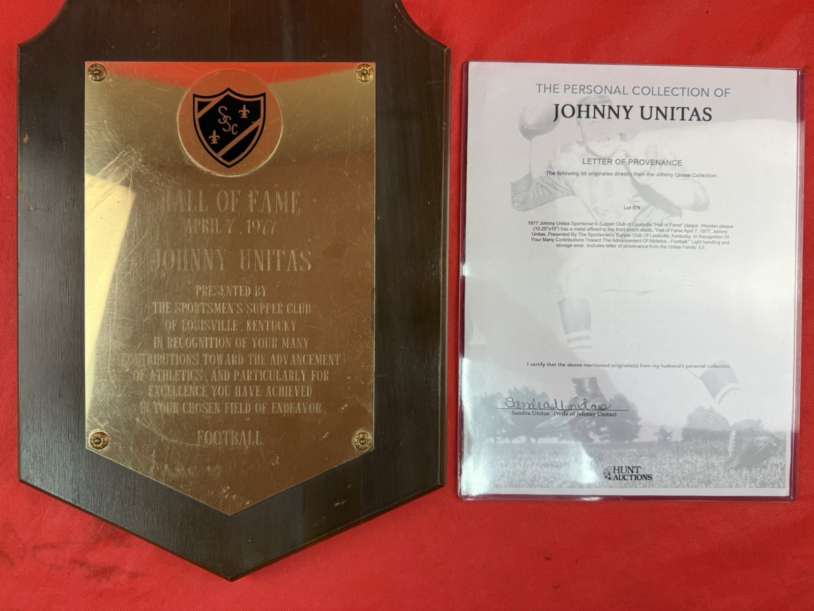 Original Johnny Unitas Personally Owned Award Plaque With COA