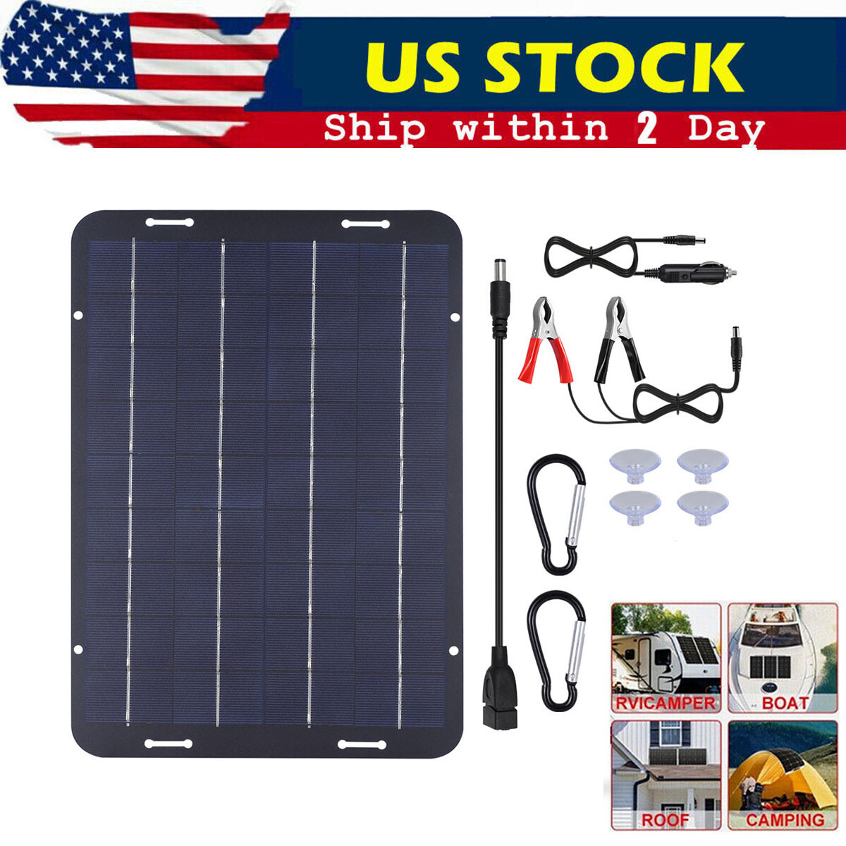 60W Solar Panel 12V Trickle Charger Battery Charger Kit Maintainer Boat Car RV