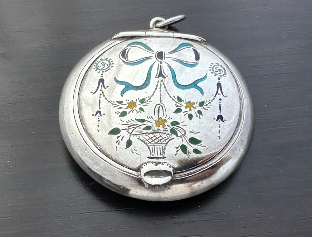 Antique Solid Silver Enamel Rouge Box Pendant c.1920
