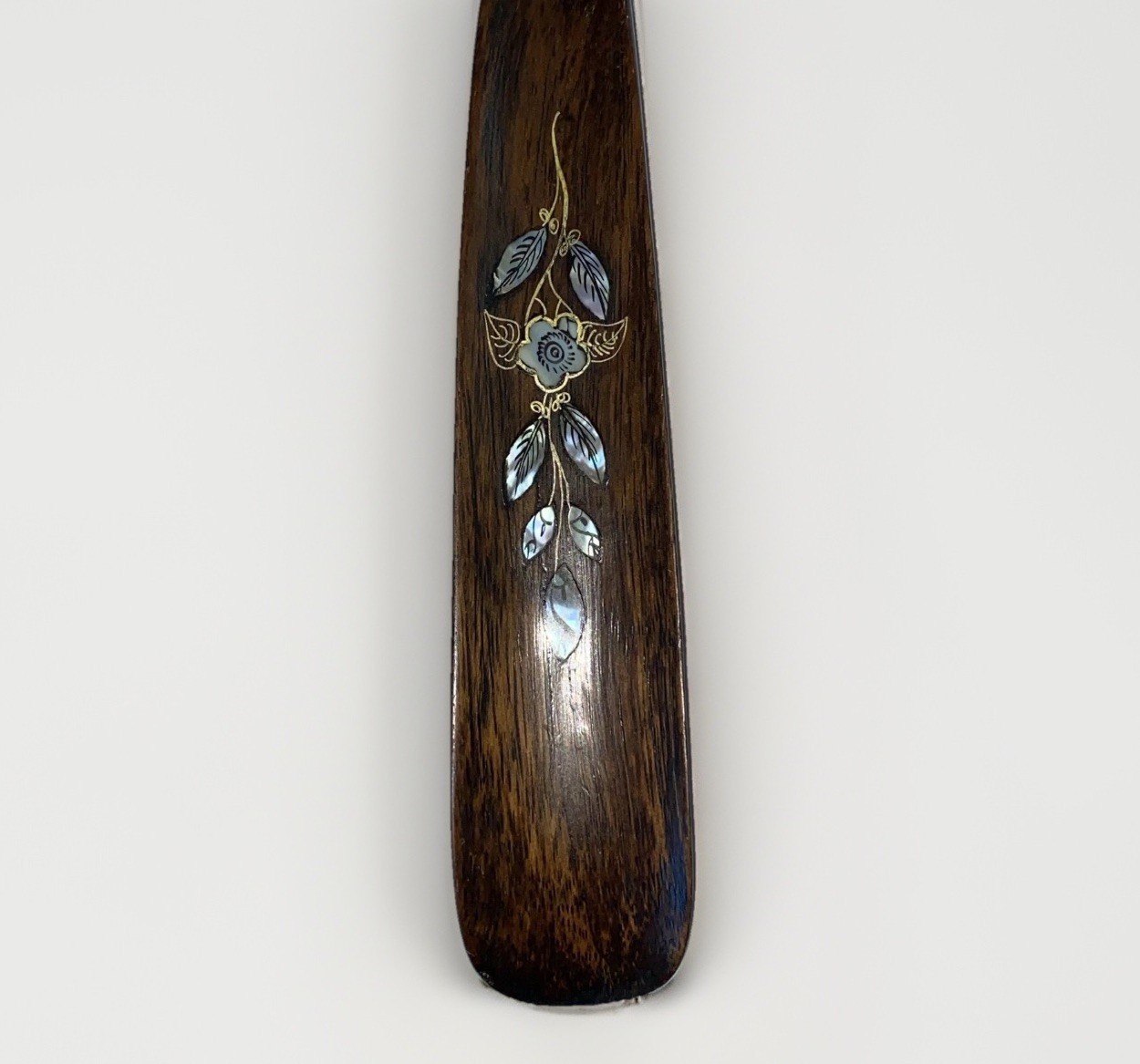 Vintage Wooden Shoehorn, Mother of Pearl inlaid Rich Classic Look