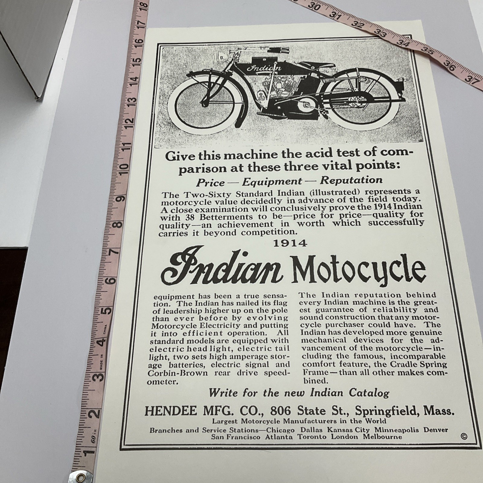 1914 Indian Motocycle Print Ad The Two-Sixty Standard Indian
