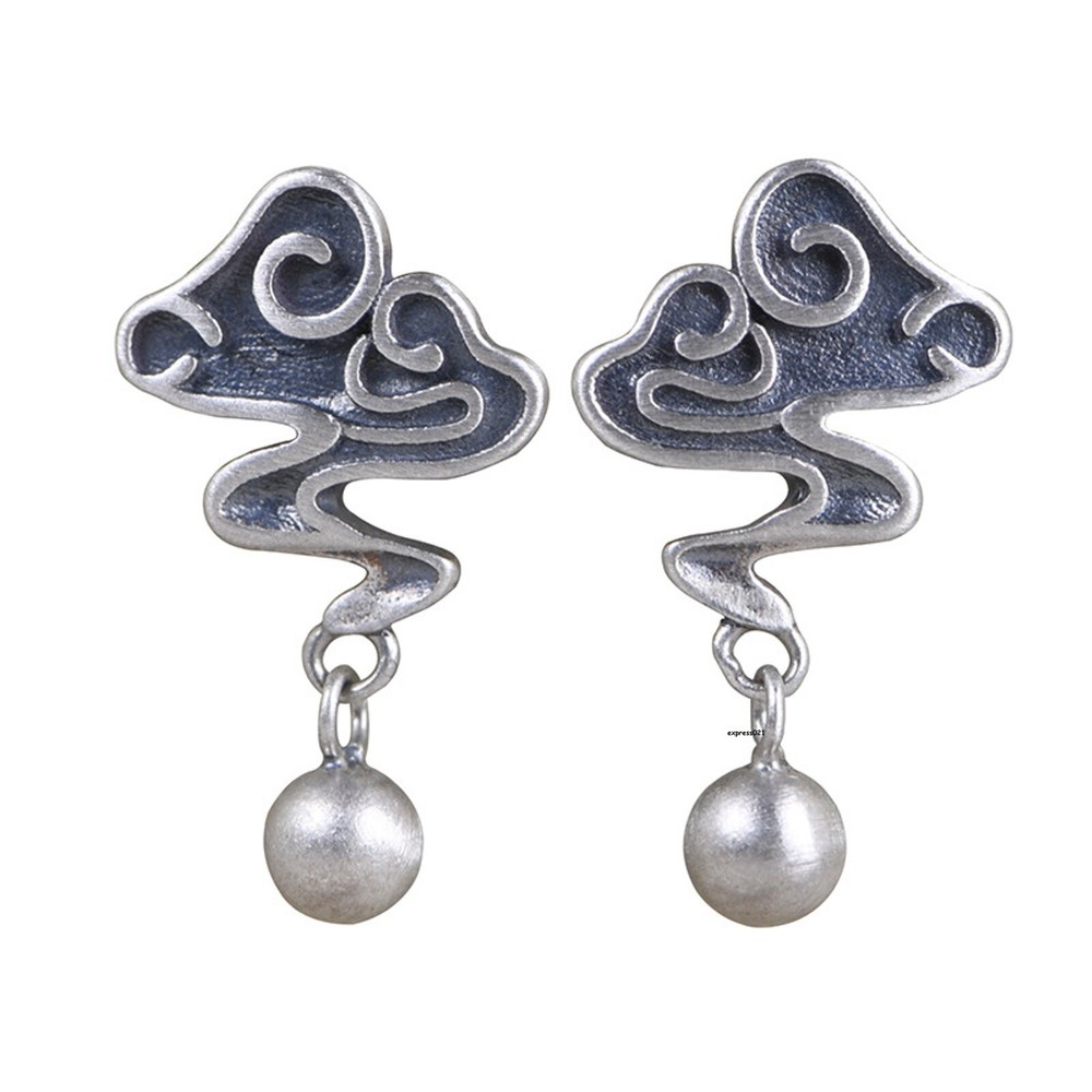 Solid 925 Sterling Silver Stud Women Luck Retro Cloud Bead Dangle Earrings