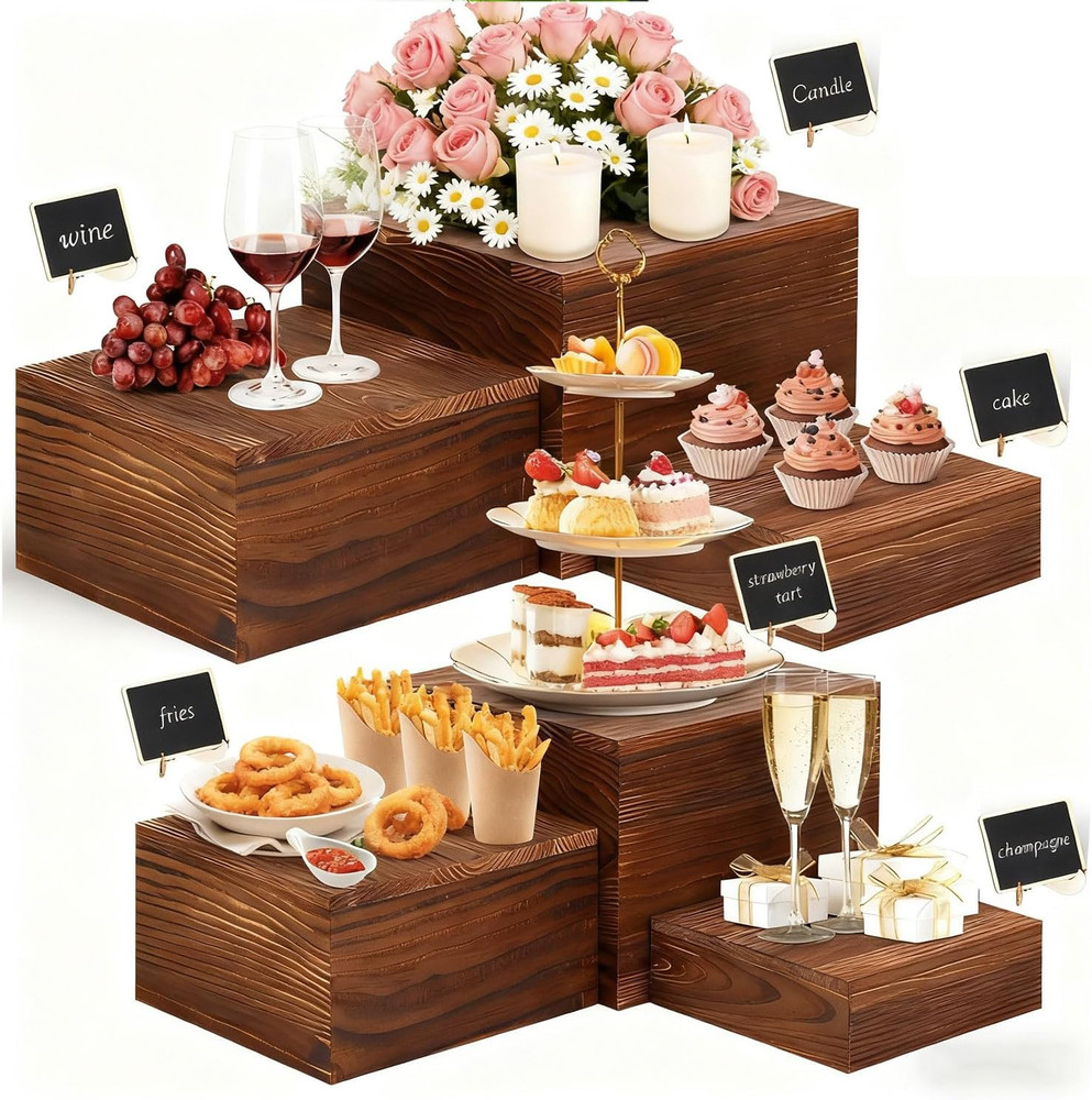Wooden Risers Display Stands - Rustic Cake & Cupcake Stands, 6 Pack