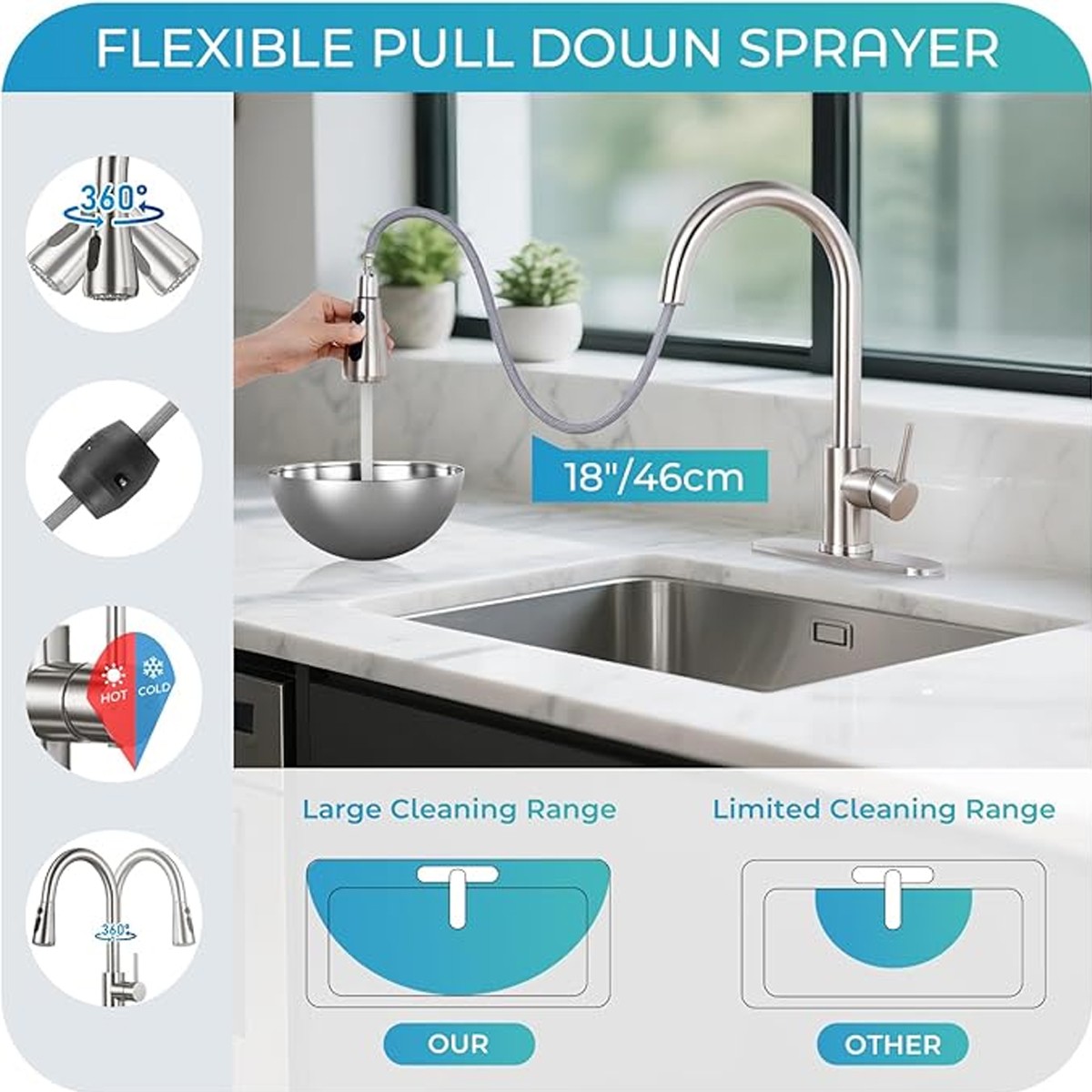 Kitchen Sink Faucet Brushed Nickel Single Handle Swivel Pull Down Sprayer Mixer