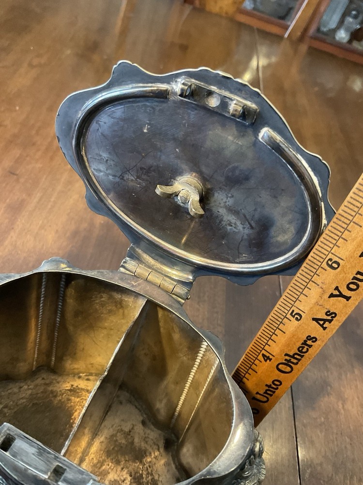 Antique Victorian Silverplate Silver Biscuit Tin / Tea Caddy Rams Head Etched