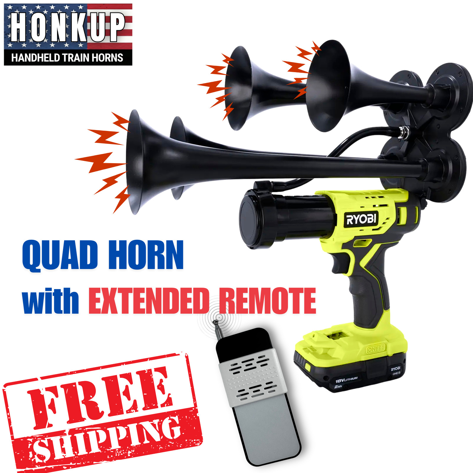 Ryobi 18V Quad Train Horn | Black Metal Horns + Extended Remote Control