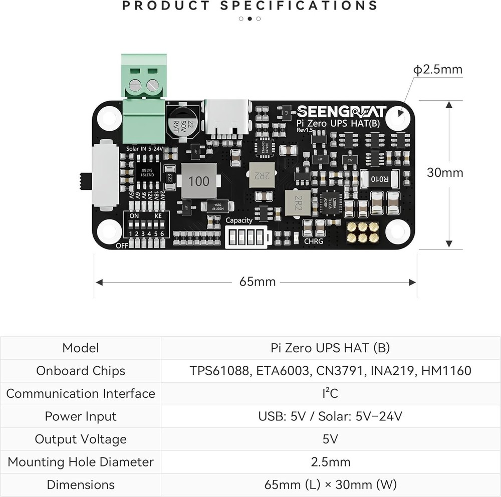 UPS HAT B Power Management Board with Solar MPPT for Raspberry Pi Zero Projects