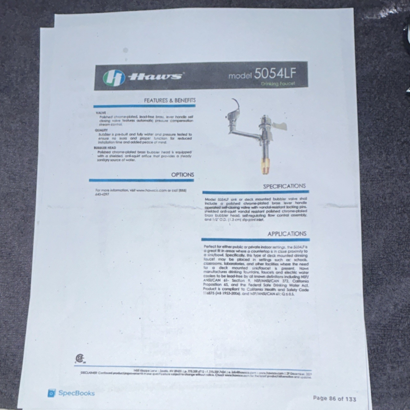 Haws 5054LF Flow Control Drinking Faucet Chrome Plated Brass Commercial