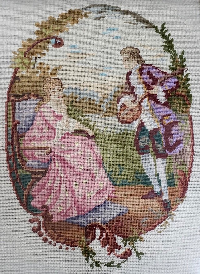 Vintage Colonial Framed Needlepoint Home Decor Wall Hanging