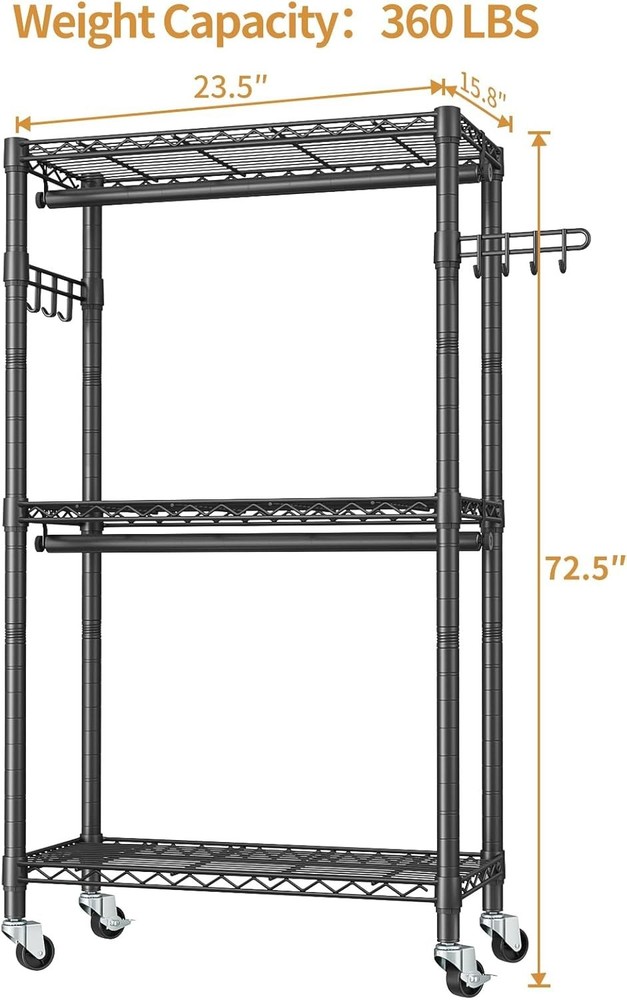 NEW Rolling Clothes Rack 3 Tier Adjustable Wire Shelving Double Rods Hooks