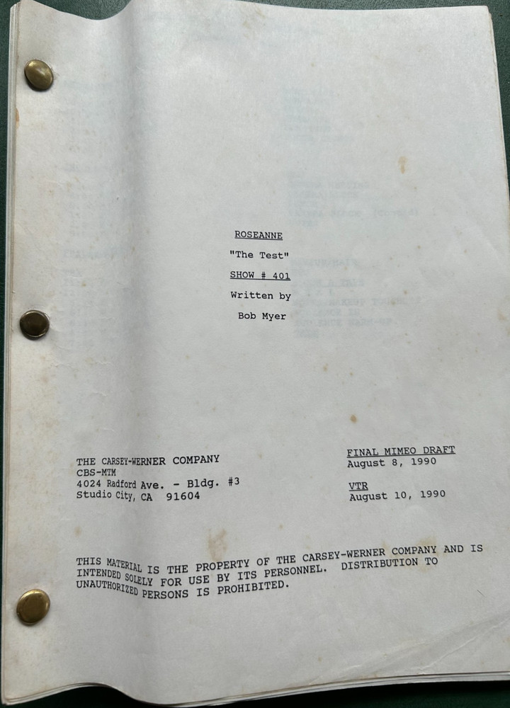 Original Roseanne TV Production Script "The Test" 1990 Final Draft
