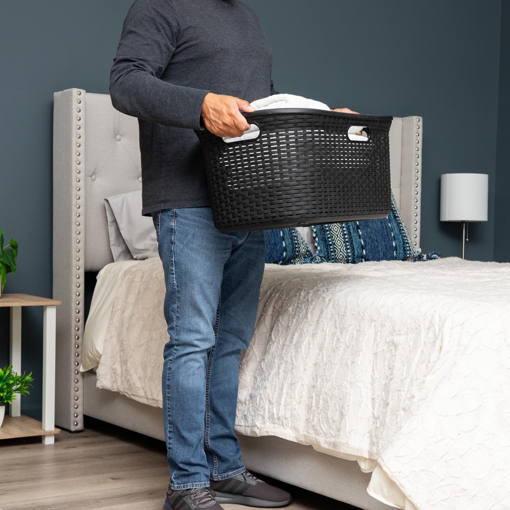 40L Laundry Basket, Clothes Hamper, Premium Wicker Design, Plastic, Black