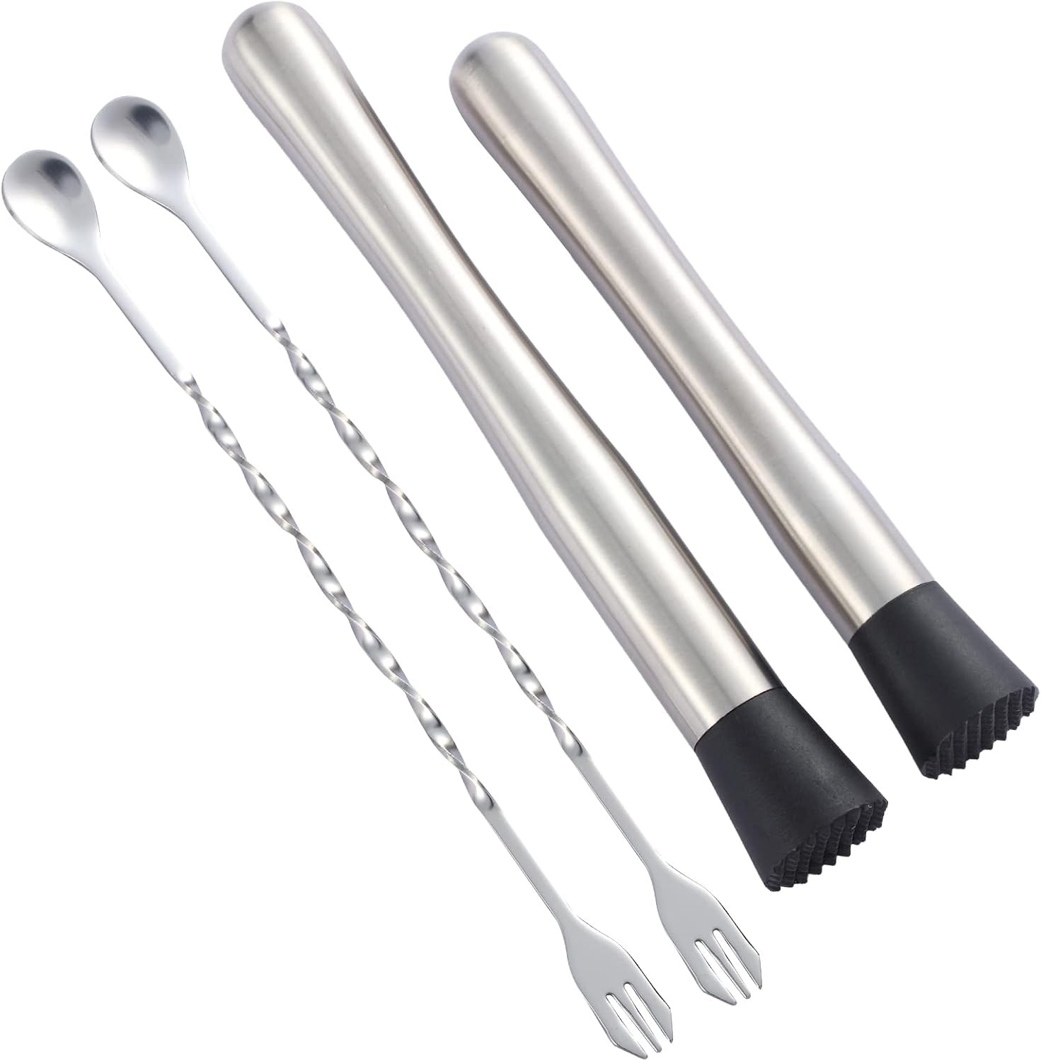 10 inch & 8 Stainless Steel Cocktail Muddler with 2 Mixing Spoon, Silver