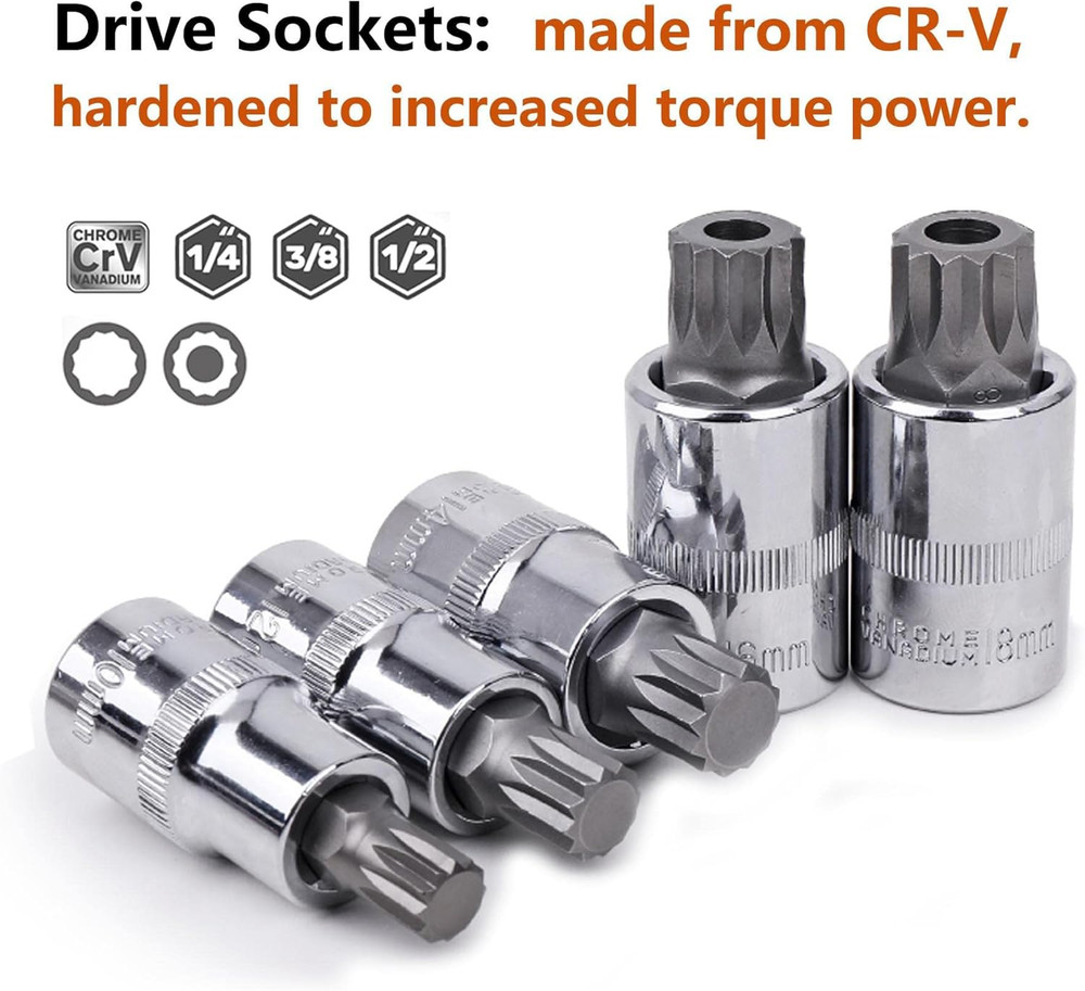 Spline Socket Bit Set 10Pcs Square Triple Silver M4 - M18