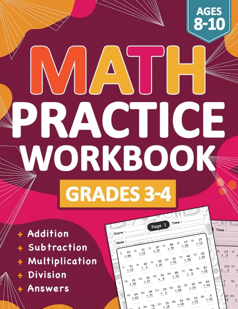 Math Practice Workbook For Grades 3-4 With Addition, Subtraction, Multiplication