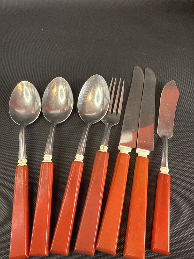 BAKELITE Sta-Brite Cherry Red Handled Silverware  Set Spoons Fork Knife Butter