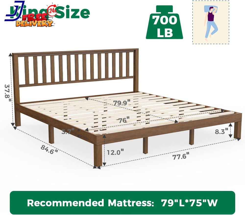 King Size Bed Frame and Headboard Mid Century Modern Platform Bed Solid Wood