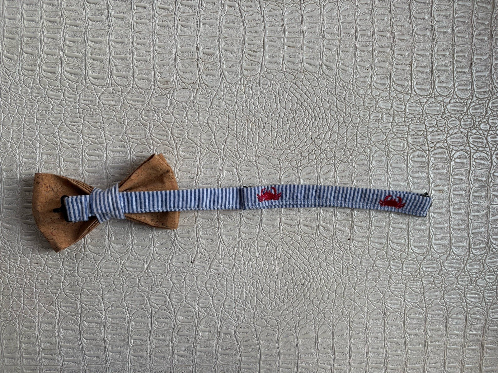 Genuine Cork Bow Tie Boys Embroidered Crab Nautical Seashore Blue White Stripe